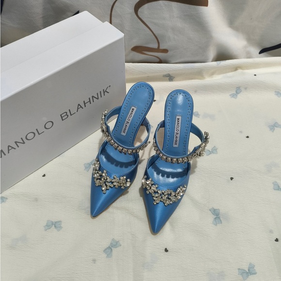 Manolo Blahnik Shoes - Manolo Blahnik Blue Crystal Embellished Pointed Toe Mules